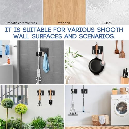 Mop Broom Holder Wall Mount, Stainless Steel, Rust Resistant, Heavy Duty, No Drill,Self-adhesive Broom Holder Wall Mount with Hooks 4Pcs for Bathroom, Kitchen, Garage, Black