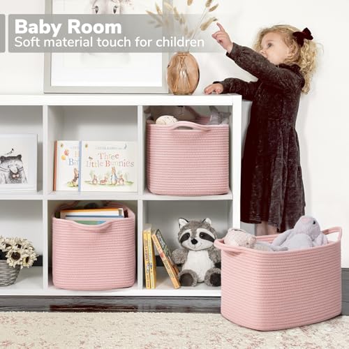 Goodpick Pink Storage Baskets for Organizing, Woven Rope Baskets for Shelves, Baby Basket for Nursery, Toy Storage Bins, Decorative Empty Gift Basket, 13" x 10" x 9" - color: Pink, size: 13"L x 10"W x 9"H