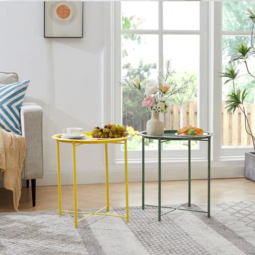 VECELO Side/End Table, Folding Round Metal Anti-Rust and Waterproof Outdoor or Indoor Tray for Living Room Bedroom Balcony and Office, 1 PCS,Yellow - color: Yellow, size: 1 PCS