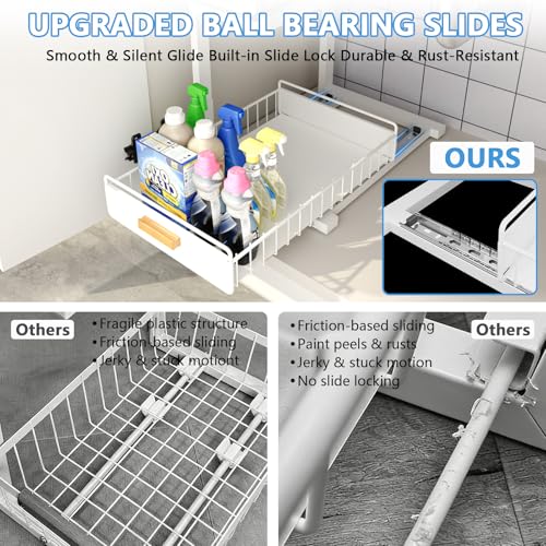 Under Sink Organizer Kitchen - Upgraded Professional Rails, 2 Tier Dual Pull Out Cabinet Storage, Height Adjustable Under Sink Storage, Metal Sliding Drawer for Kitchen & Bathroom, White, 2 Pack - color: White-2 Pack, size: Double Layer