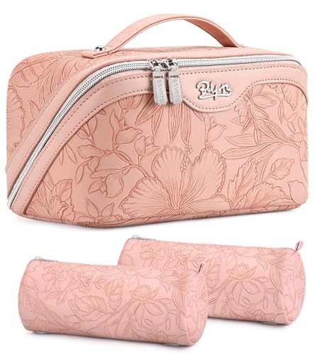BOYATU Travel Makeup Bags Cosmetic Organizer Bag: 3-Set Large Capacity Make up Bag - PU Leather Toiletry Bags for Women - Wide Open Portable Pouch with Divider & Handle (01-Z-Pink) - color: 01-Z-Pink