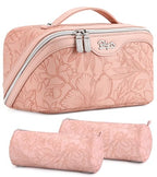 BOYATU Travel Makeup Bags Cosmetic Organizer Bag: 3-Set Large Capacity Make up Bag - PU Leather Toiletry Bags for Women - Wide Open Portable Pouch with Divider & Handle (01-Z-Pink) - color: 01-Z-Pink
