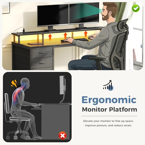 DUMOS Computer Desk with 4 Drawers,4 Drawer Gaming Desk with Power Outlets and LED Lights,Office Desk for Small Spaces with Monitor Shelf,Writing Desk for Home Office, Bedroom,Study 45 Inch Black - color: Black, size: 47-In