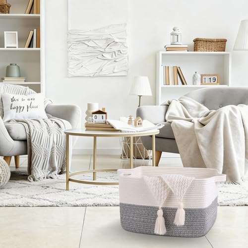 OIAHOMY Woven Storage Basket for Shelves, Rectangle Cotton Rope Baskets for Organizing, 16 x 12 x 10 in, Storage Bins for Dog Toys,Towel,Books,Gift,Grey and White - color: Grey and White, size: 16"x12"x10"