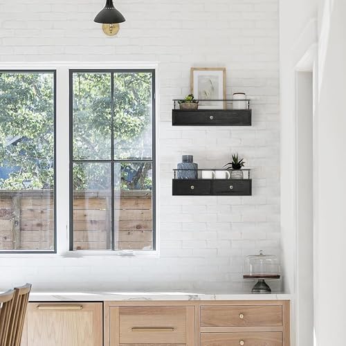 DreamPossible Floating Shelves - Wall Mounted Bathroom Shelf Set of 2 with Drawers, Rustic Wood Shelves for Bedroom, Living Room, Kitchen, Home Decor, Plants, Books (Black) - color: Black, size: 13.8 Inch Long