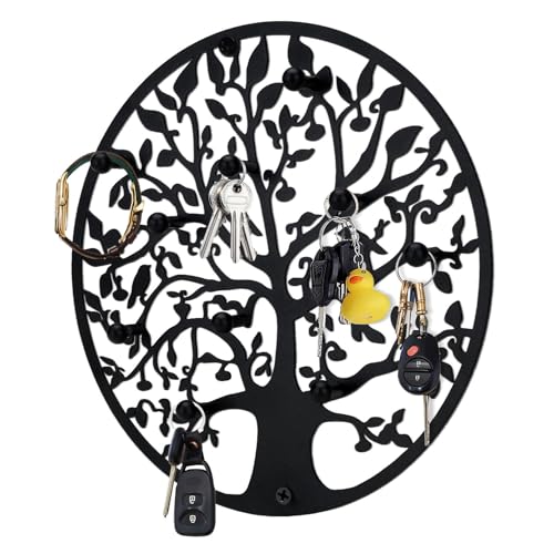 Round Decorative Home Key Holder Wall Mount, Metal Tree Car Key Rack for Wall Organizer for Keys, Wallets, Hats, Used for Decor for House Entryway, Kitchen, Garage, Office (12" Black) - color: 12" Black