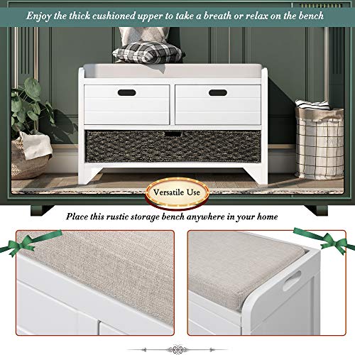 Solid Acacia Wood Entryway Bench - Fully Assembled Storage Bench with 2 Drawers, Rattan Basket & Cushion, No Assembly Required (White) - color: White