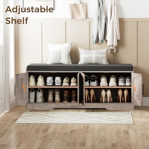 Homleke 2-Tier Storage Bench, Shoe Bench with Thickened Padded Seat Cushion, Entryway Bench with 4 Doors, Adjustable Shelf, 13.8" D x 45.3" W x 18.5" H, for Entryway, Living Room, Bedroom, Greige - color: Greige, size: 45.3"