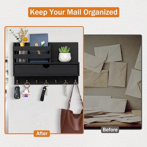 dreampossible Key and Mail Holder for Wall, Mail Organizer Wall Mount with 6 Hooks and Storage Drawer, Wooden Key Rack Hanger with Shelf for Entryway and Home Decor - color: Black, size: Large(13.4''x8.7'')