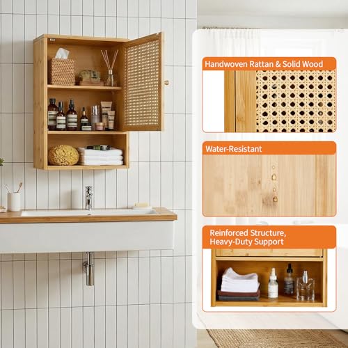 Takywep Bathroom Wall Cabinet, Natural Bamboo with Rattan Doors Adjustable Shelf Wall Mounted, Over Toilet Storage Organizer, Wooden Medicine Cabinet for Bathroom, Kitchen, Laundry, Living Room - color: Natural