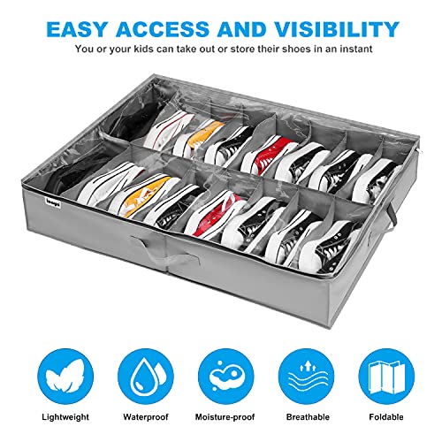 INAYA Under Bed Shoe Storage Organizer Set of 2, Fits 32 Pairs, Underbed Shoe Box Storage Containers Adjustable Dividers w/Bottom Support, Clear Foldable Shoes Storage w/Reinforced Handles - size: 16+16 Cells