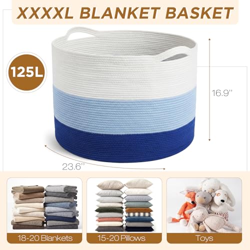 XXXXL 125L Extra Large Blanket Basket, 23.6" x 16.9" Jumbo Woven Cotton Rope Storage Basket with Handles, Laundry Hamper, Toy Storage for Living & Play Room(White, Blue & Dark Blue) - color: White, Blue & Dark Blue