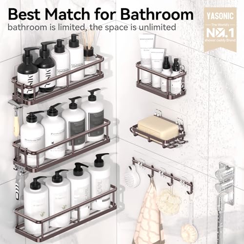 YASONIC Shower Caddy, 6 Pack Large Capacity shower Organizer with Soap Holder and 12 Hooks, Rustproof Shelves for Inside Shower, No Drilling&Sleek Bathroom Organizers and Storage Bronze XL - color: Bronze, size: XL