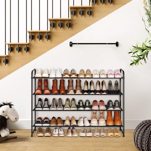 KIMBORA 4 Tier Long Shoe Rack for Closet Floor, Wide Shoe Shelf Storage Organizer 30-Pairs Stackable Sneaker Organizer for Closet, Bedroom (Black) - color: Black, size: 11.4 x 42.7 x 32.4