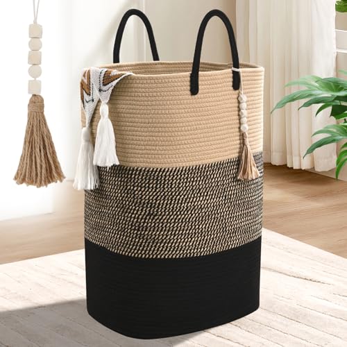 Woven Laundry Basket for Clothes, 65L Large Rectangle Laundry Hampers with Beads Tassel, Nursery Storage Basket for Toys, Tall Dirty Clothes Hamper for Bedroom Aesthetic, Laundry Room Organization - color: Brown&Black, size: 65L