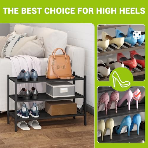 BMOSU 3-Tier Bamboo Shoe Rack Premium Stackable Shoe Shelf Storage Organizer for Hallway Closet Living Room Entryway Organizer(Black) - color: Black, size: 3-Tier（27*11*18.3inches）
