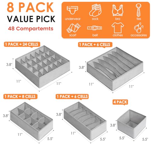Drawer Organizer Clothes, 8 Pack Dresser Organizer Bins for Baby Clothes, Underwear Sock, Fabric Closet Organization and Storage Dividers for Nursery Bedroom (48 Compartments, Grey) - color: Grey, size: 8 Pack