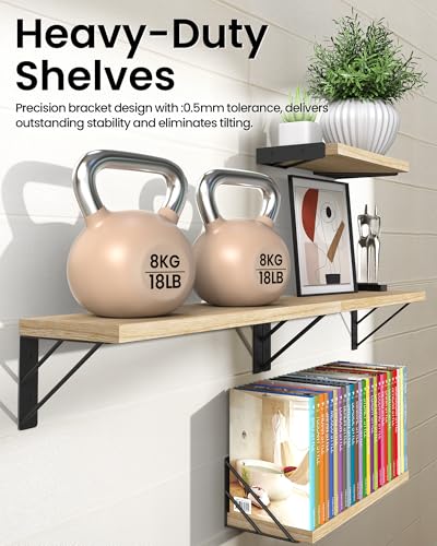 BAYKA Wall Shelves for Bedroom Decor, Floating Shelves for Living Room Kitchen Storage, Wall Mounted Rustic Shelves for Kids Books, Corner Shelf for Bathroom(Carbonized Brown,Set of 4) - color: F. Carbonized Brown Board & Black Brackets, size: 16-inch Mix