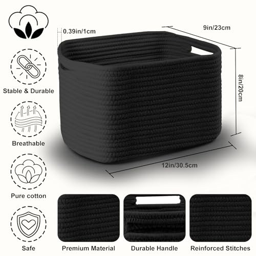4 Pack Storage Baskets for Organizing, 12''Lx9''Wx8''H Woven Baskets for Storage Toys, Towels, Books, and Clothes, Cotton Rope Basket for Shelves with Handle - color: Black