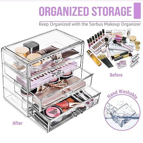Sorbus Acrylic Makeup Organizer Set, 4-Drawer Vanity & Countertop Cosmetic Storage with Wide Drawers, Clear Makeup Storage for Brushes, Lipsticks, Jewelry – Holiday Gift for Women & Teens - color: Clear