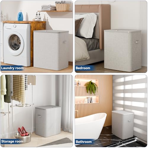 Dual Section 90 liter/23.8 gallon Laundry Hamper Separation Basket with lid, 2 Removable Washing Bags with Handles,Large Laundry Sorter for Easy Clothes Separation - Gray - size: 2 Section,Gray