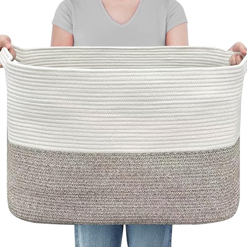 MEGASKET XXXXL Rope Basket for Blankets, 25" x 16" x 16"(108L) Rectangle Blanket Basket Living Room, Extra Large Wicker Woven Blanket Pillow Storage Basket, Kids Dog Toy Basket Storage Bins Organizer - color: White & Light Brown, size: 25"x16"x16"