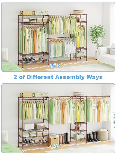 Ulif E11 Heavy-Duty Garment Rack, Metal Freestanding Clothes Rack and Closet Storage Organizer System with 8 Shelves and 4 Hanger Rods, (73.2-97.6)" W x 14.5" D x 71.2" H, Load 1034 LBS, Bronze - color: Bronze