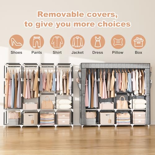 VTRIN Portable Closet for Hanging Clothes 67 Inch Wide Large Capacity Portable Wardrobe Closet with Cover, 4 Storage Shelves and 4 Hanging Rod Sturdy Free Standing Closet for Bedroom, Printing - color: Printing, size: 4 Row - 67'' Wide