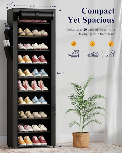 Kitsure Shoe Rack - 10-Tier Large Capacity Shoe Organizer Shelf with Dust Cover & Side Pockets, Rust-Proof Metal Shoe Rack for Closet, Entrance, Living Room, 17.5" x 12.4" x 69.3", Black - color: Black, size: 17.5" x 12.4" x 69.3"