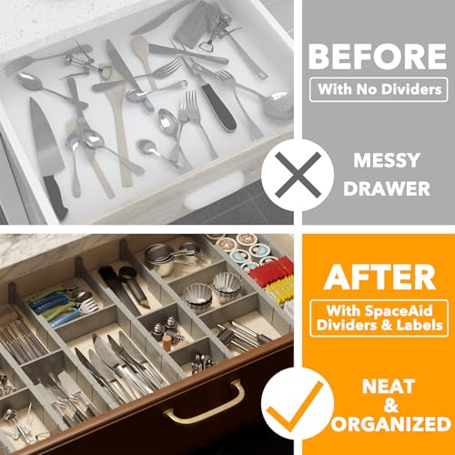 SpaceAid Bamboo Drawer Dividers with Inserts and Labels, Kitchen Adjustable Drawer Organizers, Expandable Organization for Home, Office, Dressers, 10 Dividers with 24 Inserts (17"-22" Gray) - color: GRAY, size: 2.35''H, 17''-22''L, 10 Dividers