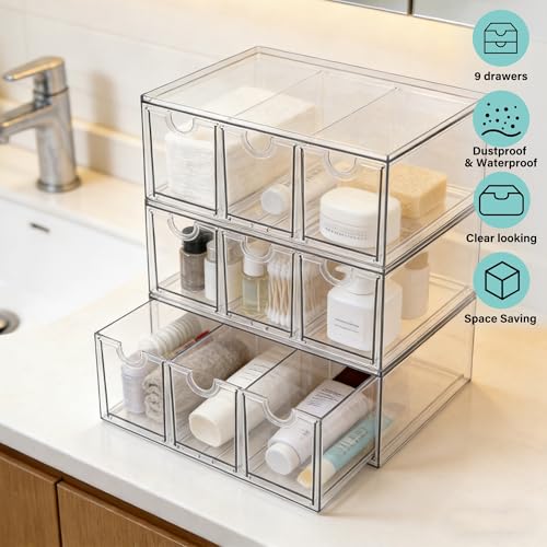Prsildan Acrylic Makeup Organizer, 3 Pack Stackable Storage Drawers with 9 Drawers for Office Desk Vanity Craft Room Clear Drawer Organizers for Hair Accessories Art Supplies Cosmetics Modular System - style: Style3-9Drawers