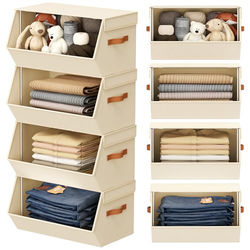 Stackable Closet Organizers and Storage Bins, Open Front Closet Shelf Organizer System With Steel Frame, Clothes Storage Basket Fabric, Collapsible Closet Drawers for Wardrobe, Nursery ,Toy, 4 Pack - color: Beige, size: 15.4 x 12.60 x 9.88. - 4 Pack