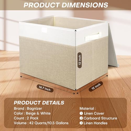 Bagnizer Large 42 Quarts Fabric Storage Bins with Lids [2-Pack] Linen Collapsible Foldable Baskets, Closet Organizer Containers boxes with Handles for Home Office (16.7 x 12 x 12, Beige & White) - color: Beige & White, size: Large - 2 Pack