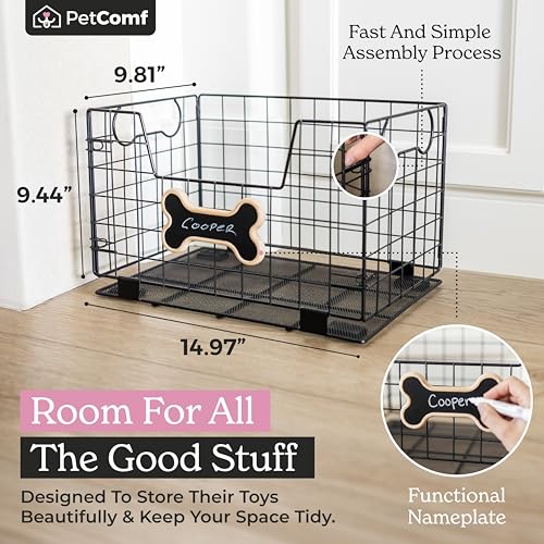 Metal Dog Toy Basket for Dogs and Cats (15” x 10” x 9”) - Heavy-Duty Storage Bin Holds Pet Chew Toys, Bones, Ropes, Blankets, Towels, Treats - Large Dog Toy Box for Living Room Area Organization