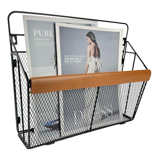 Leather-Accented Wall File Holder, Art Deco Wall-Mounted Magazine Rack, Hanging Mail Organizer, Metal Wire Hanging File Organizer for Home, School, Office, Hanging Folder Organizer