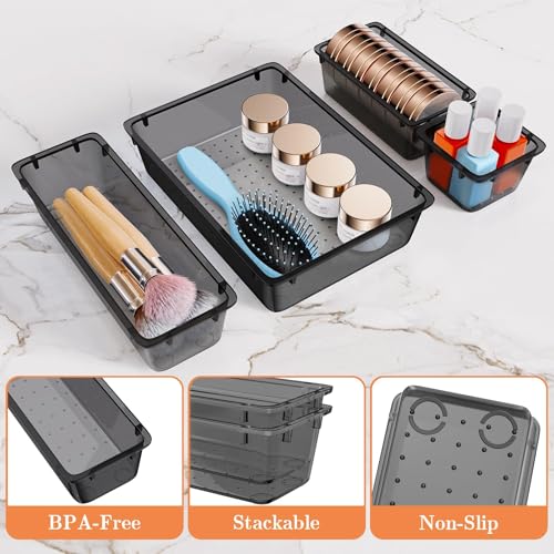 SpaceHacks 25 PCS Plastic Drawer Organizer Set, 4-Size Versatile Organizer Tool Trays & storage Bins for Makeup, Jewelry, and Gadgets in Bathroom, Bedroom and Office,Clear Black - color: Clear Black