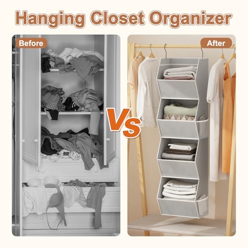 Hanging Closet Organizer 4 Shelf Collapsible Bedroom Closet Organizers and Storage Hanging with Mesh Pockets for Clothes, Fabric Hanging Storage Bins for Wardrobe Closet Organization and Storage, Grey - color: Grey-1 Pack, size: 4-shelf