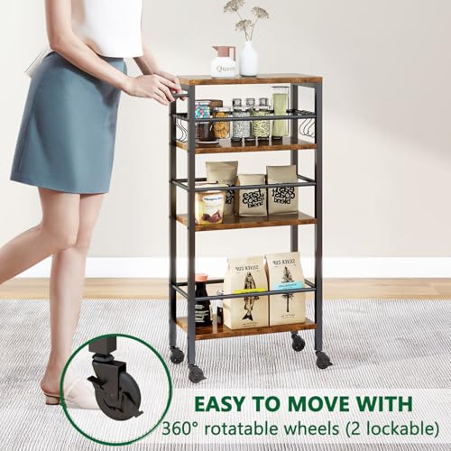 IBUYKE 7.8" Slim Rolling Cart,4-Tier Metal Kitchen Storage Cart,Trolley cart on Wheels for Narrow Space,with Handle and Wooden Tabletop,for Kitchen, Dining Room,Laundry Room,Rustic Brown UTMJ065H - style: Brown