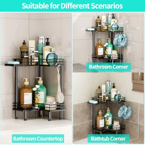 HapiRm Corner Shower Caddy Standing - 2 Tier Shower Organizer Corner with Soap Holder, Rustproof Bathroom Standing Organizer with 2 Hooks, Black - color: Black, size: 2-tier