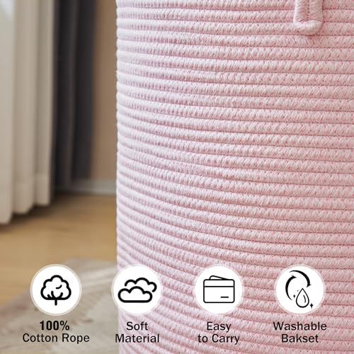 YOUDENOVA Woven Rope Laundry Hamper, 58L Tall Luandry Basket, Baby Nursery Hamper for Blanket Storage in Bedroom-Large-Pink - color: Pink, size: Tall (58L )
