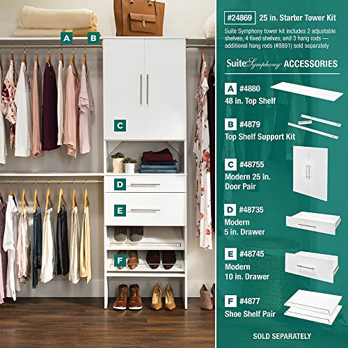 ClosetMaid SuiteSymphony Wood Closet Organizer System, 25-Inch Starter Kit with Tower and 3 Hang Rods and Shelving, Adjustable Shelves, Customizable Insert, Reach-in or Walk-in Closets, Pure White - style: Pure White Finish