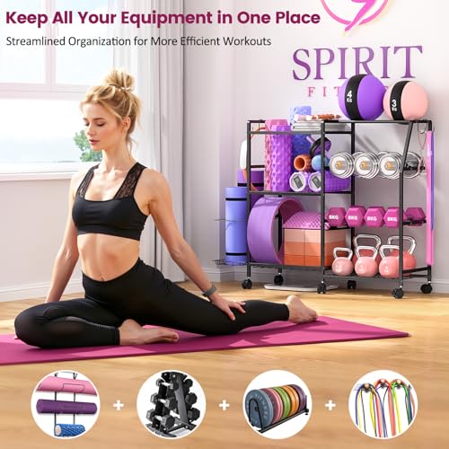 Dumbbell Rack, Weight Rack for Home Gym, Yoga Mat Storage Rack, Exercise Equipment Storage with Wheels and Hooks, Home Gym Equipment Organizer for Kettlebells