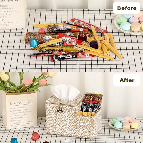 Sumnacon Tissue Box Cover Square Tissue Box Woven Seagrass Tissue Box Holder with Side Organizer, Rustic Tissue Holder for Living Room Bathroom Bedroom Kitchen Office Table Desk, White - color: White