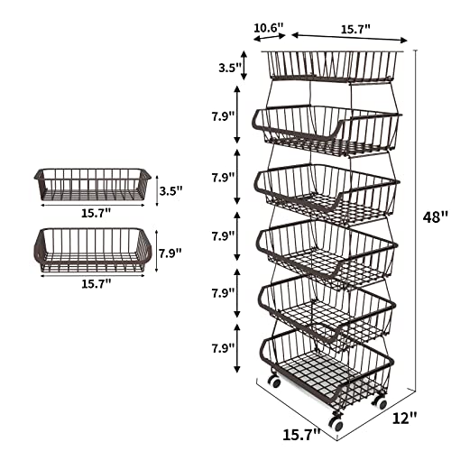 Miyawell Fruit Vegetable Storage Basket for Kitchen - 6 Tier Stackable Metal Wire Baskets Cart with Rolling Wheels Utility Fruits Rack Produce Snack Organizer Bins for Pantry Bathroom Laundry Bronze - color: 6 Tier-bronze