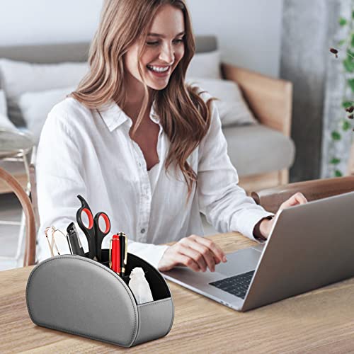 Fintie Remote Control Holder, 5 Compartments Vegan Leather TV Remoter Caddy Desktop Organizer Makeup Brush Holder Storage Fits TV Remotes, Media Controllers, Office Supplies(Silver Gray) - color: Silver Gray