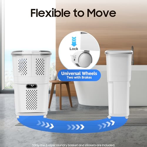 2 Tier Vertical Rolling Laundry Cart, with 3 Removable PP Hollowed Out Laundry Hampers for Laundry, Towels, Blankets and Bathroom Organization, 17.32 x 12.2 x 29.13 inch