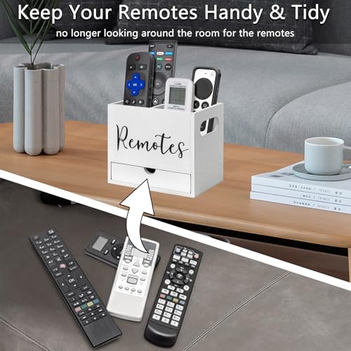 Remote Control Holder, 2 Slot TV Remote Holder& Desk Organizer with Drawers, Remote Organizer Caddy for Table, Wooden Remote Box for Nightstand,Media Storage Box for Living Room, Bed (White) - color: White-2 Slot