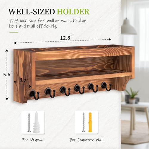 Nekon Key Holder Wall Mount, 12.8" W x 5.6" H x 3.7" D Wall Mounted Key and Mail Organizer with 6 Key Hooks, Key Racks for Home Entryway Decor (Brown) - color: Brown