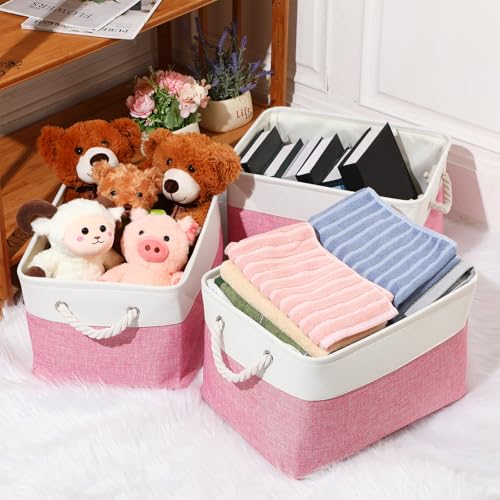 meekoo 8 Pack Collapsible Storage Bins Fabric Storage Bins Polyester Fabric Baskets with Handles Linen Closet Organizer for Shelf Home Closet Towels Toys(15 x 11 x 9.5 in,Pink White) - color: Pink White, size: 15 x 11 x 9.5 In