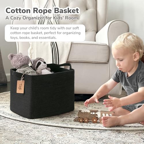 Goodpick Woven Storage Baskets for Organizing, 18" x 14" x 12" Rectangle Blanket Basket with Handles, Nursery Cotton Rope Basket for Living Room, Bedroom, Black - color: Black, size: 18"L x 14"W x 12"H